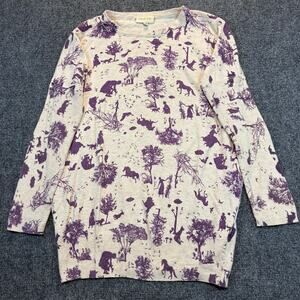 ModCloth Ivory Purple Floral Forest Animal Long Sleeve Knit Top Sweater Size S/M
